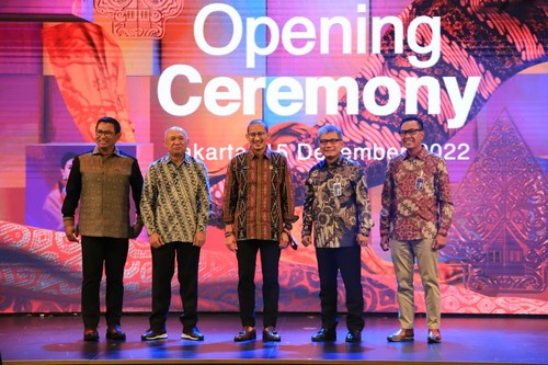 从左至右:Catur Budi Harto, BRI副总裁;印度尼西亚合作社和中小企业部部长Teten Masduki;印度尼西亚旅游和创意经济部长桑迪亚加·乌诺;Sunarso, BRI总裁;以及中小企业“一带一路”倡议主任Amam Sukriyanto。
