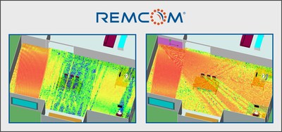 Wireless InSite simulates propagation in a scene with sub-optimal signal coverage (left) and the improvement with the addition of an EES (right).