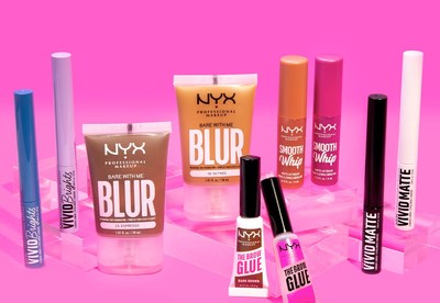 NYX Professional Makeup's newest product collection (L to R): Vivid Matte Brights Liquid Liner, Bare With Me Blur Skin Tint Foundation, The Brow Glue, Smooth Whip Matte Lip Cream and Vivid Matte Liquid Liner
