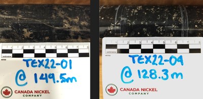 Figure 3 – Core samples from Texmont. TEX22-01 and TEX22-04 (CNW Group/Canada Nickel Company Inc.)