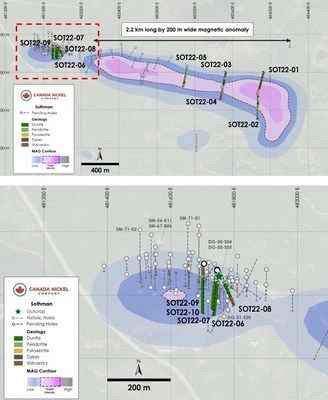 Figure 5 – Plan View of Sothman – Drill results Overlain on Total Magnetic Intensity (CNW Group/Canada Nickel Company Inc.)