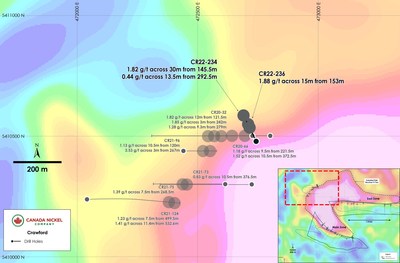 Figure 9 – Plan View of Crawford – PGM Drill results Overlain on Gravity. (CNW Group/Canada Nickel Company Inc.)