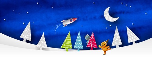 Ingenium holiday graphic with a rocket flying across a starry sky, a robot hiding behind a pine tree, and a gingerbread person skating with three of the pine trees in the Ingenium colours of green, blue and red. (CNW Group/Ingenium)
