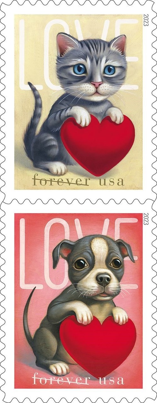 New Love Forever Stamp features puppy and kitten with front paws resting atop a big heart.