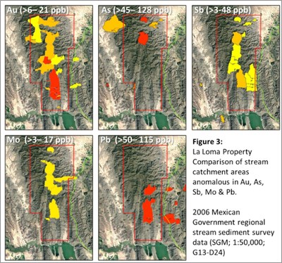 Figure 3: La Loma Property Comparison of stream catchment areas anomalous in Au, As, Sb, Mo & Pb. (CNW Group/Southern Empire Resources Corp.)