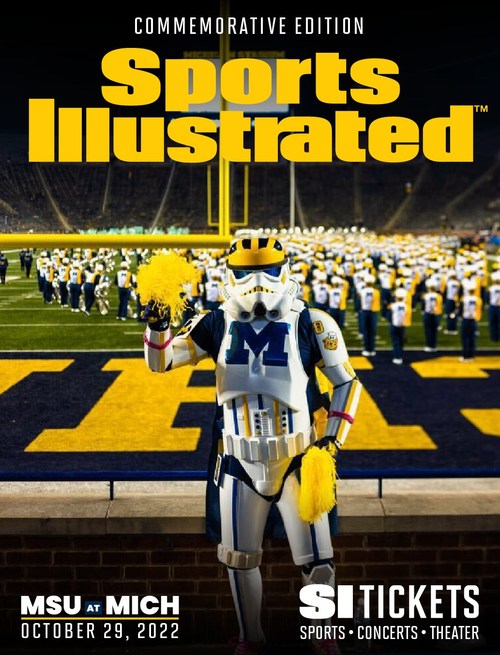 Univ. of Michigan SuperFan, wolverinestrooper, posing in the back of the end zone at Michigan Stadium prior to the annual Paul Bunyan Trophy football game between in-state rivals, host Wolverines and Michigan State Spartans on Oct. 29, 2022.