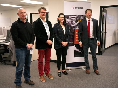 L to r: Chris Thoren, VP Engineering, Nth Cycle, Chad Vecitis, CTO and co-founder, Nth Cycle, Megan O'Connor, CEO and co-founder, Nth Cycle, Congressman Seth Moulton