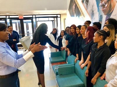 Helen Callier visiting with and encouraging Cosmetology students at Houston Community College in Houston, Texas while serving as State of Texas Commissioner on TDLR Commission.