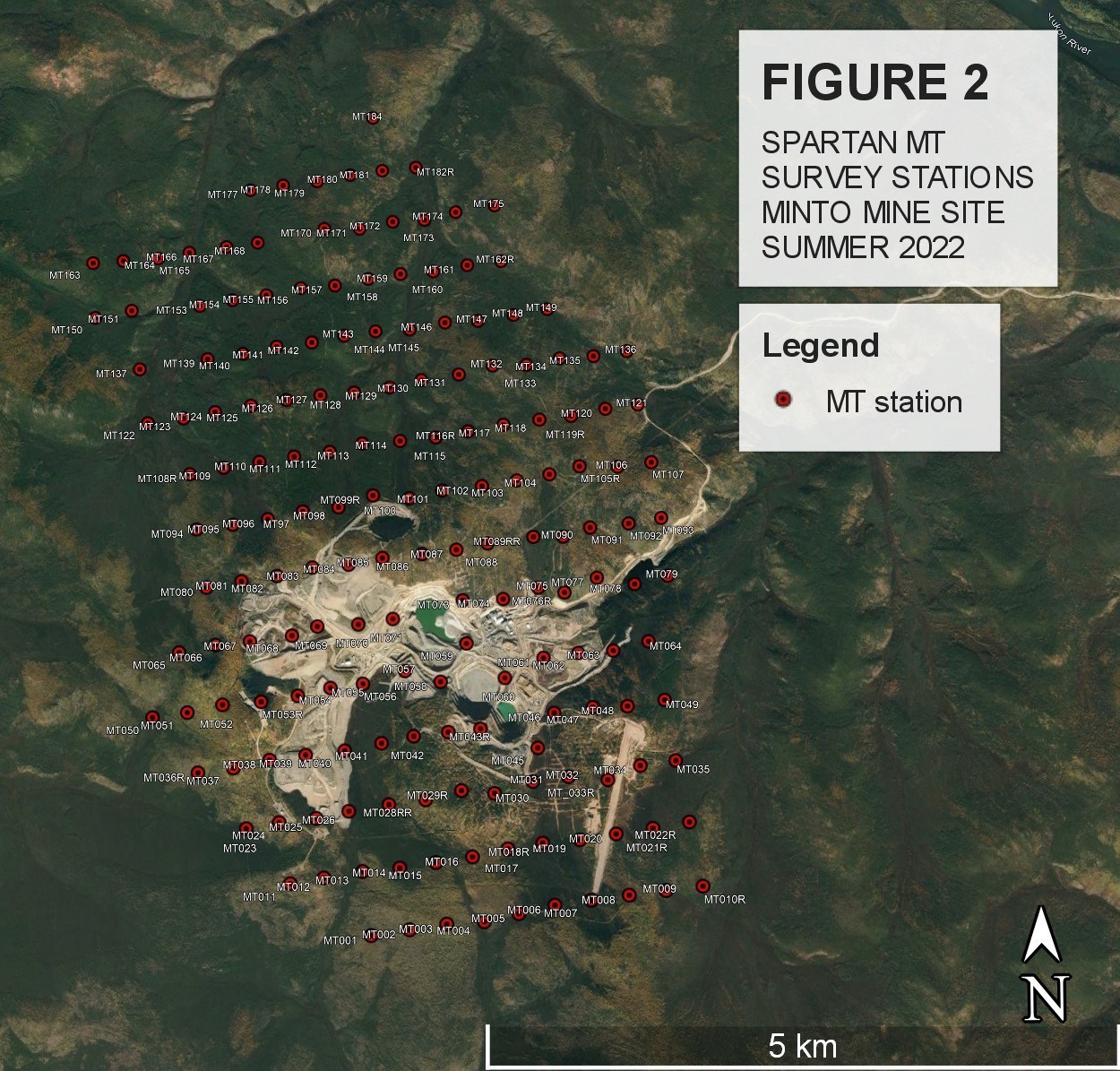 Figure 2: Location map for the MT survey over the Minto Mine Property. Individual MT data collection points highlighted. (CNW Group/Minto Metals Corp.)