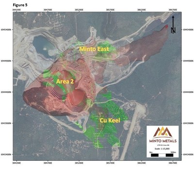 Figure 5.  Plan view map depicting the Minto Mine Property site surface infrastructure (satellite image) and underground mine development (Green) with projected 3D MT resistivity clipped at 100 ohm-m. (CNW Group/Minto Metals Corp.)