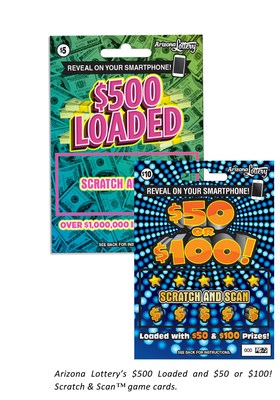 Arizona Lottery's $500 Loaded and $50 or $100! Scratch & Scan game cards. (CNW Group/Pollard Banknote Limited)