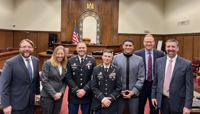 Army Strong. From left to right: Attorney John Sullivan, Attorney Wendy Cox, SSG Bobby Schelske, SSG Joshua Costroff, Cadet Dominic Mell, Attorney Tom Bruns, Attorney Chris Wiest.