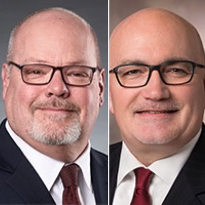 David Weisenburger, left in photo, a vice president at OneAmerica Financial Partners, will succeed John Mason (right) as OneAmerica Chief Investment Officer upon Mason's retirement at the end of May 2023.