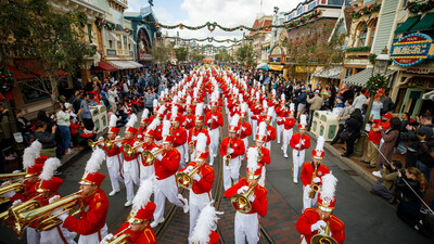 Utah and Penn State made their first stop on their way to the 2023 Rose Bowl Game in Pasadena, Calif., with a traditional visit to the Disneyland Resort in Anaheim, Calif., Dec. 28, 2022. Before meeting on the field, the teams joined for their first official pregame appearance: a festive cavalcade on Main Street, U.S.A., in Disneyland Park featuring the Pasadena City College Tournament of Roses Honor Band. The 109th Rose Bowl Game is on Monday, January 2, 2023.  (Christian Thompson/Disneyland Resort)