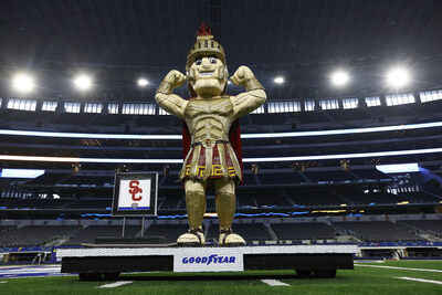 Goodyear introduces tire sculpture of The University of Southern California’s mascot, Tommy the Trojan, on Thursday, Dec. 29 at AT&T Stadium in Arlington, Texas. Standing at 7 feet 2 inches tall and weighing 225 pounds, the tire mascot sculpture was made from 120 Goodyear tires and celebrates the University of Southern California players and coaches for advancing to the 87th annual Goodyear Cotton Bowl Classic. (Brandon Wade/AP Images for Goodyear)