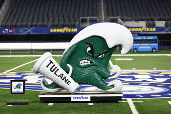 Goodyear celebrates Tulane University’s journey to the 87th Goodyear Cotton Bowl Classic with a life-size tire sculpture of the school’s mascot, the Green Wave. An embodiment of Tulane University’s drive and outstanding performance this season to advance to the Cotton Bowl, the statue was hand-crafted with 215 Goodyear tires, stands at 6 feet 5 inches tall and weighs 315 pounds. (Brandon Wade/AP Images for Goodyear)