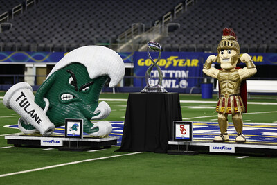A tradition since 2016, title sponsor Goodyear commissioned artist, Blake McFarland, to create tire mascot sculptures of the University of Southern California and Tulane mascots. Both pieces of art will serve as a centerpiece for many of the Goodyear Cotton Bowl Classic festivities leading up to the game on Jan. 2 at AT&T Stadium and will be donated to the schools following the game.  (Brandon Wade/AP Images for Goodyear)