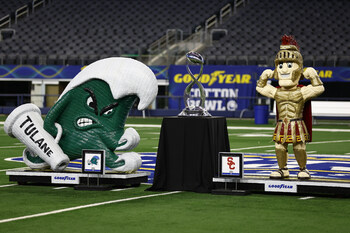 A tradition since 2016, title sponsor Goodyear commissioned artist, Blake McFarland, to create tire mascot sculptures of the University of Southern California and Tulane mascots. Both pieces of art will serve as a centerpiece for many of the Goodyear Cotton Bowl Classic festivities leading up to the game on Jan. 2 at AT&T Stadium and will be donated to the schools following the game. (Brandon Wade/AP Images for Goodyear)