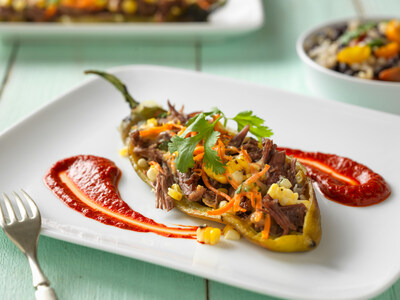 Shredded Beef Stuffed Chile Relleno with Guajillo Chile Sauce from Beef. It's What's For Dinner.