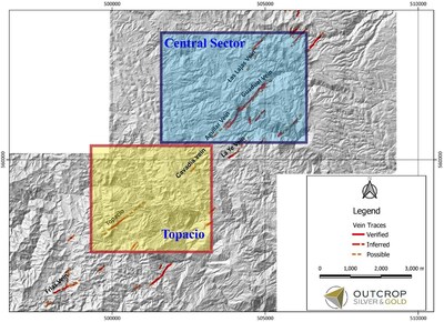 Map 2. Location of Aguilar-Guadual, Lajas, Cavadia-Topacio Targets. (CNW Group/Outcrop Silver & Gold Corporation)