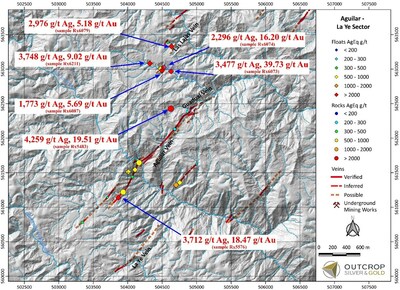 Map 3. Detail sampling of Las Lajas and Aguilar-Guadual targets from samples in this release. (CNW Group/Outcrop Silver & Gold Corporation)