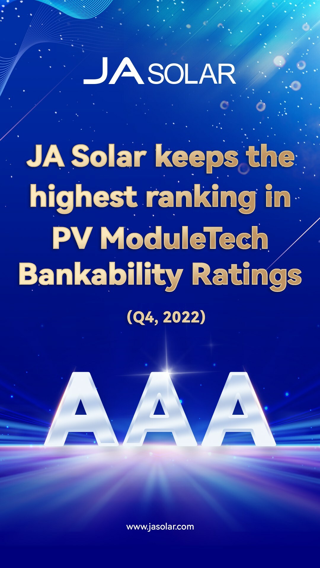 JA Solar mantiene la máxima clasificación AAA en el índice de bancabilidad de PV ModuleTech
