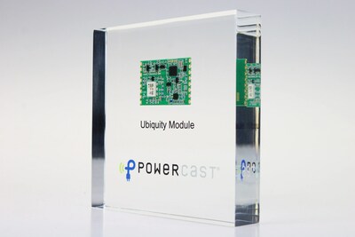 Powercast shows its easy-to-integrate, drop-in embeddable Ubiquity module in an acrylic case. The module contains all electronics and hardware needed for manufacturers to turn their own products - like home appliances, TVs, game systems, computer monitors or AI-enabled home assistants - into Ubiquity transmitters able to both charge and communicate with devices in a home. A licensable $5 reference design is also available to embed just the electronics needed on manufacturers' own circuit boards.