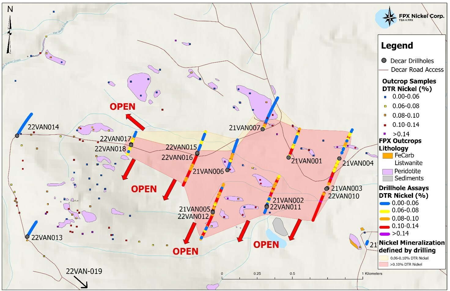 Figure 2: Van Target Plan Map with Drillhole Collar Locations, Outcrop Samples and Mineralized Footprint (CNW Group/FPX Nickel Corp.)