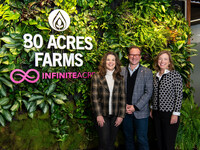 Siemens technology and capital is aiding 80 Acres Farms and its technology subsidiary, Infinite Acres, in expansion to meet global food supply demands. Tisha Livingston, CEO Infinite Acres, Mike Zelkind, CEO 80 Acres, and Barbara Humpton, President and CEO of Siemens USA (left to right)