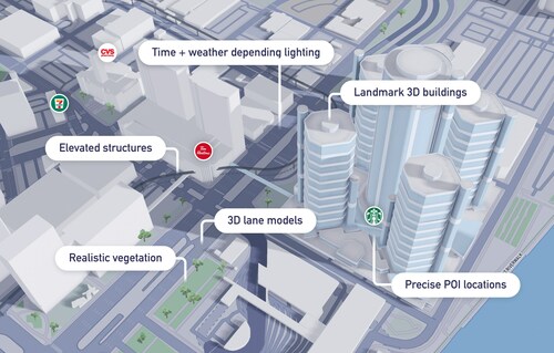 Mapbox 3D Live Navigation combines 3D lane models, real-time sensor information, sign data, environmental models, 3D landmark buildings, dynamic lighting conditions and weather data to deliver an accurate, more natural and visually stunning navigation experience.