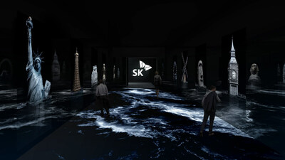 SK Group’s booth at CES 2023 calls for action to address climate change by showing one of the negative im-pacts – rising sea levels – against the backdrop of famous landmarks from around the world.