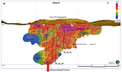 Figure 2 –Longitudinal view of the Avino Vein showing the drill hole locations and the block model in AgEq. (CNW Group/Avino Silver & Gold Mines Ltd.)