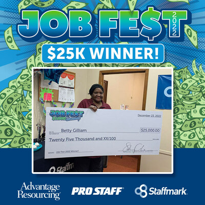 Job Fest is hosted by Staffmark Group’s commercial staffing companies – Advantage Resourcing, Pro Staff, and Staffmark – and it includes special events and giveaways. Betty Gilliam of West Memphis, Arkansas was the the third and final grand prize winner in their Job Fest $100k Giveaway. Gilliam joined the team in October 2022 and earned entries to win simply by working 36+ hours per week.