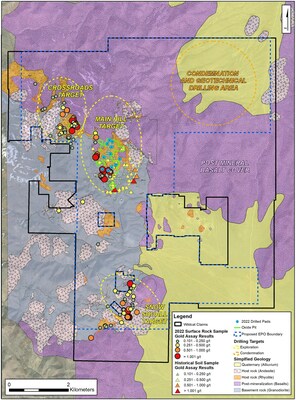 Figure 1: Wildcat Claim Block (black outline) with Oxide Pit (green outline), Exploration Plan of Operations Boundary (blue outline), and Future Drilling Areas (yellow and orange outlines) (CNW Group/Millennial Precious Metals Corp.)