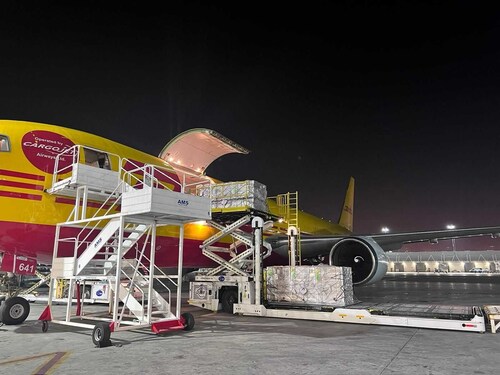 Loading of the first shipments of humanitarian aid to be delivered through the Airlink airbridge.