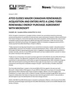 ATCO CLOSES MAJOR CANADIAN RENEWABLES ACQUISITION AND ENTERS INTO A LONG-TERM RENEWABLE ENERGY PURCHASE AGREEMENT WITH MICROSOFT (CNW Group/ATCO Ltd.)