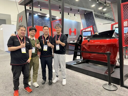 Kenneth Hsi, Global Sales & Marketing Chief Commercial Officer of HCMF Group, Su-Wei Chang, Founder and President of TMYTEK, Jeffrey Hsi, CTO of HCMF Group, and Co-Founder and Vice President of TMYTEK Ethan Lin announces mmWave.  Application of smart car door sensing technology at CES 2023.