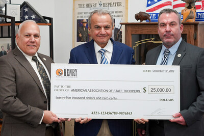 American Association of State Troopers Executive Director John Bagnardi (left), Henry Repeating Arms CEO and Founder Anthony Imperato (middle), and Sergeant Steve Gaskins (right) at the Henry Repeating Arms manufacturing facility in Bayonne, NJ.