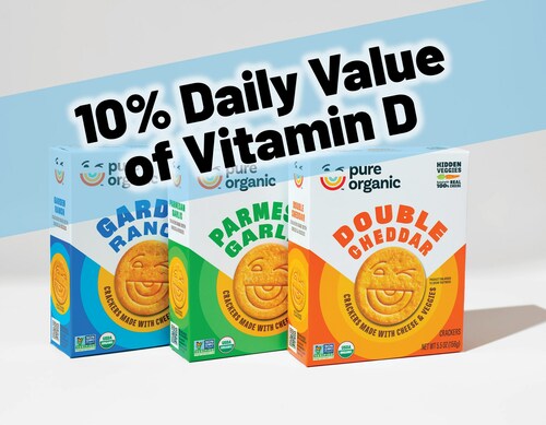 Pure Organic Crackers with Cheese and Veggies contain 10% Daily Value of Vitamin D.
