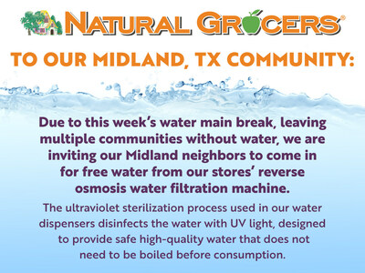Free filtered water will be available at the Natural Grocers store in Midland, TX until the city-issued boil-water notice is lifted.