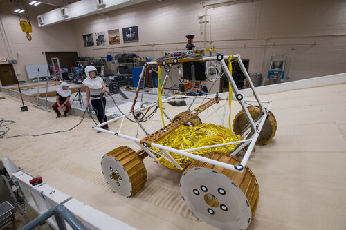 An engineering model of the Volatiles Investigating Polar Exploration Rover, or VIPER, is tested in Glenn’s SLOPE Lab in 2020. Credit: NASA