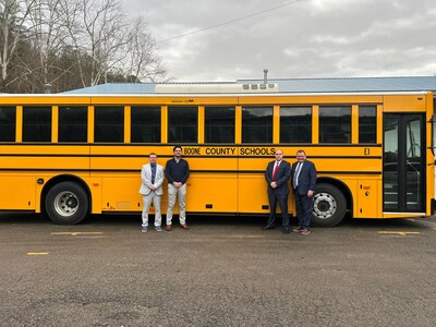 Tony Tagliente, Assistant Superintendent; Brian Linville, Director of Transportation; Superintendent Matt Riggs and GreenPower’s Vice President Mark Nestlen as GreenPower’s Type D all-electric BEAST is delivered to Boone County for the pilot project.