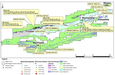 Figure 1: Summary of 2022 Drilling & Grab Sample Results - Note that grab samples are selective by nature and values reported may not be representative of mineralized zones. All drilling intervals are down-hole lengths (CNW Group/Orford Mining Corporation)