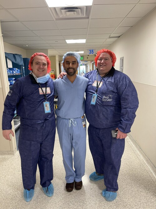 After 8th patient implant--first with solo surgeon--in SynerFuse proof-of-concept study, left to right: SynerFuse CEO Justin Zenanko; Surgeon Rohan Lall, MD; SynerFuse CSO Gregory Molnar, PhD