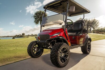 The new MadJax XSeries Storm golf cart in Cherry Red Metallic