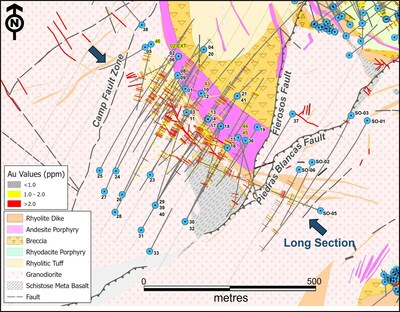 Figure 1. Geological plan map of the Camp deposit showing the location of the vertical longitudinal sections displayed in Figure 2. (CNW Group/Luminex Resources Corp.)