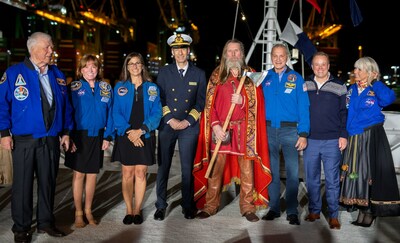 Pictured from left to right at the naming ceremony of the Viking Neptune: Torstein Hagen, Chairman of Viking; Dr. Anna Fisher, retired NASA astronaut and godmother of the Viking Orion; Nicole Stott, retired NASA astronaut and aquanaut and godmother of the Viking Neptune; Erik Saabye, Captain of the Viking Neptune; Geir Rovik, Norway’s most renowned traditional longship builder; Dr. Richard Linehan, NASA astronaut; Ron Garan, retired NASA astronaut; Karine Hagen, EVP of Viking.