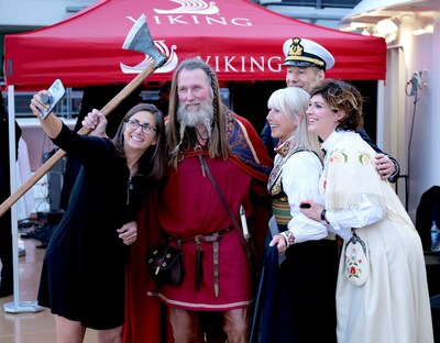 Three Viking “godsisters” together in Los Angeles–Nicole Stott, godmother of the Viking Neptune; Karine Hagen, godmother of the Viking Sea; and Sissel Kyrkjebø, godmother of the Viking Jupiter—with Geir Rovik and Viking Neptune Captain Erik Saabye. For more information, visit www.viking.com.