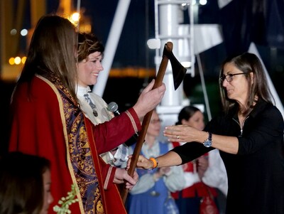 A historic Viking broad axe was presented to Nicole Stott, godmother of the Viking Neptune, to cut a ribbon that allowed a bottle of Norwegian aquavit to break on the ship’s hull. Sissel Kyrkjebø, one of the world’s leading crossover sopranos and godmother of the Viking Jupiter used the same axe when naming her ship in January 2020. For more information, visit www.viking.com.