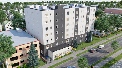 Un rendu de l'immeuble du 380 Young Street  Winnipeg, qui offre un mlange de logements abordables, avec plus de 40 % des units offertes  des prix trs rduits. (Groupe CNW/Gouvernement du Canada)